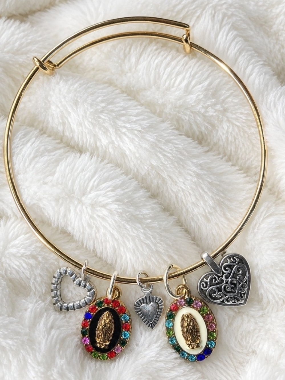 Handmade By Me Gold-Tone Adjustable Charm Bangle Bracelet with Religous Charms